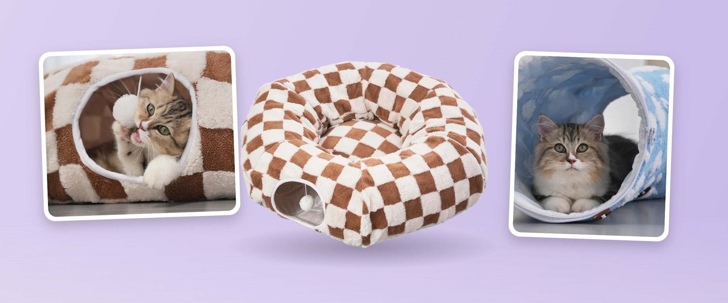 Purrloom 2-in-1 cat tunnel nest in coffee checkerboard, with cats playing in the tunnel